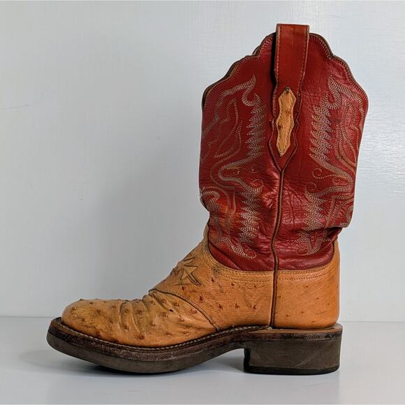 Lucchese Ostrich Goat Skin Boots 7 Red Tan Western Cowgirl Aesthetic Vintage - Picture 8 of 16